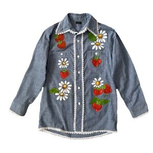 Vintage 70s Strawberry Button Up Womens Large Hand Painted Cottagecore Whimsical